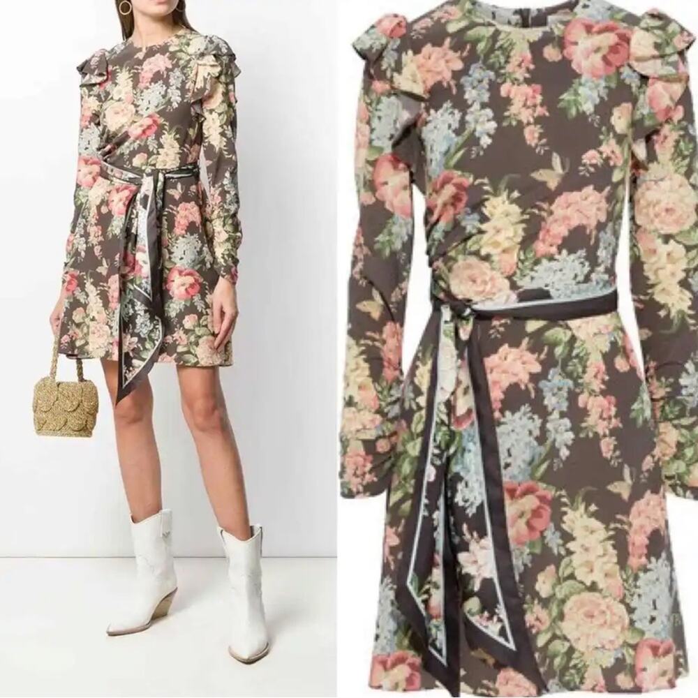 Zimmermann espionage ruched ruffle silk belted floral dress